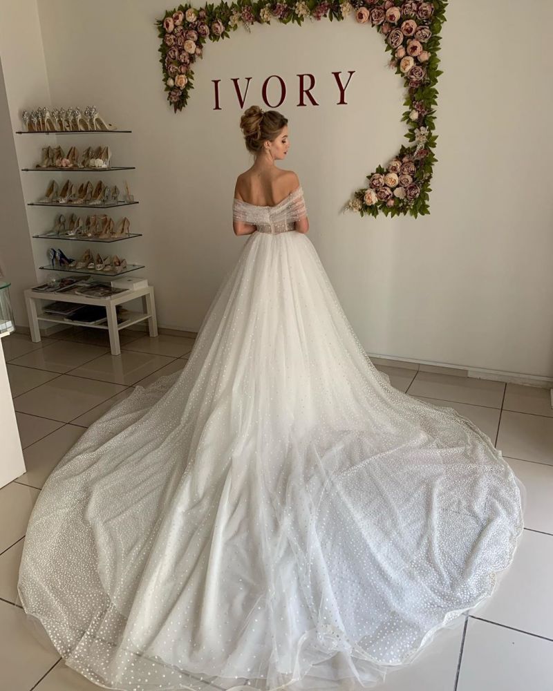 Trendy Off the shoulder Princess Pearl White Ball Gown Wedding Dresses-showprettydress