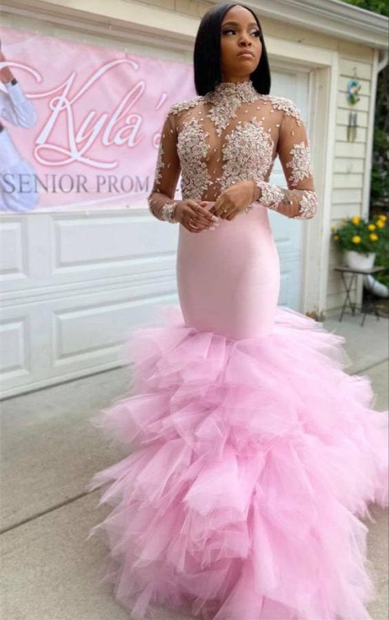 Trendy Pink Illusion neck Long Sleeves Mermaid Ruffles Prom Dresses-showprettydress