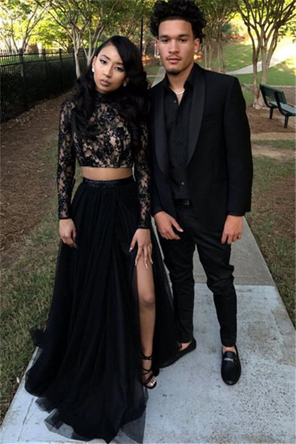 Two Piece Long Sleeves Evening Gown Black Chic Slit Lace Prom Party Gowns-showprettydress