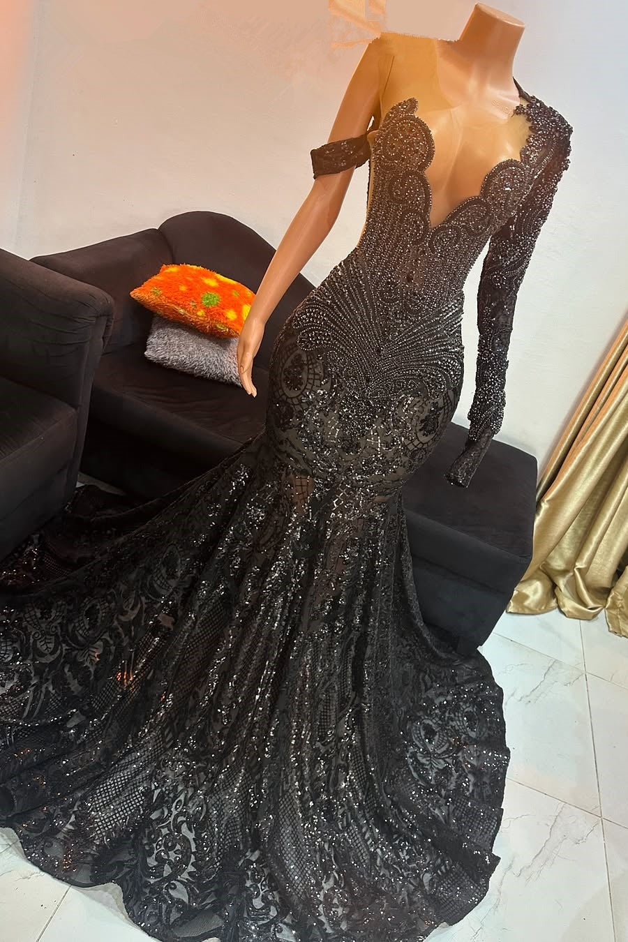 Unique Black Long Beaded Mermaid Court Train Prom Dresses with Sleeves-showprettydress