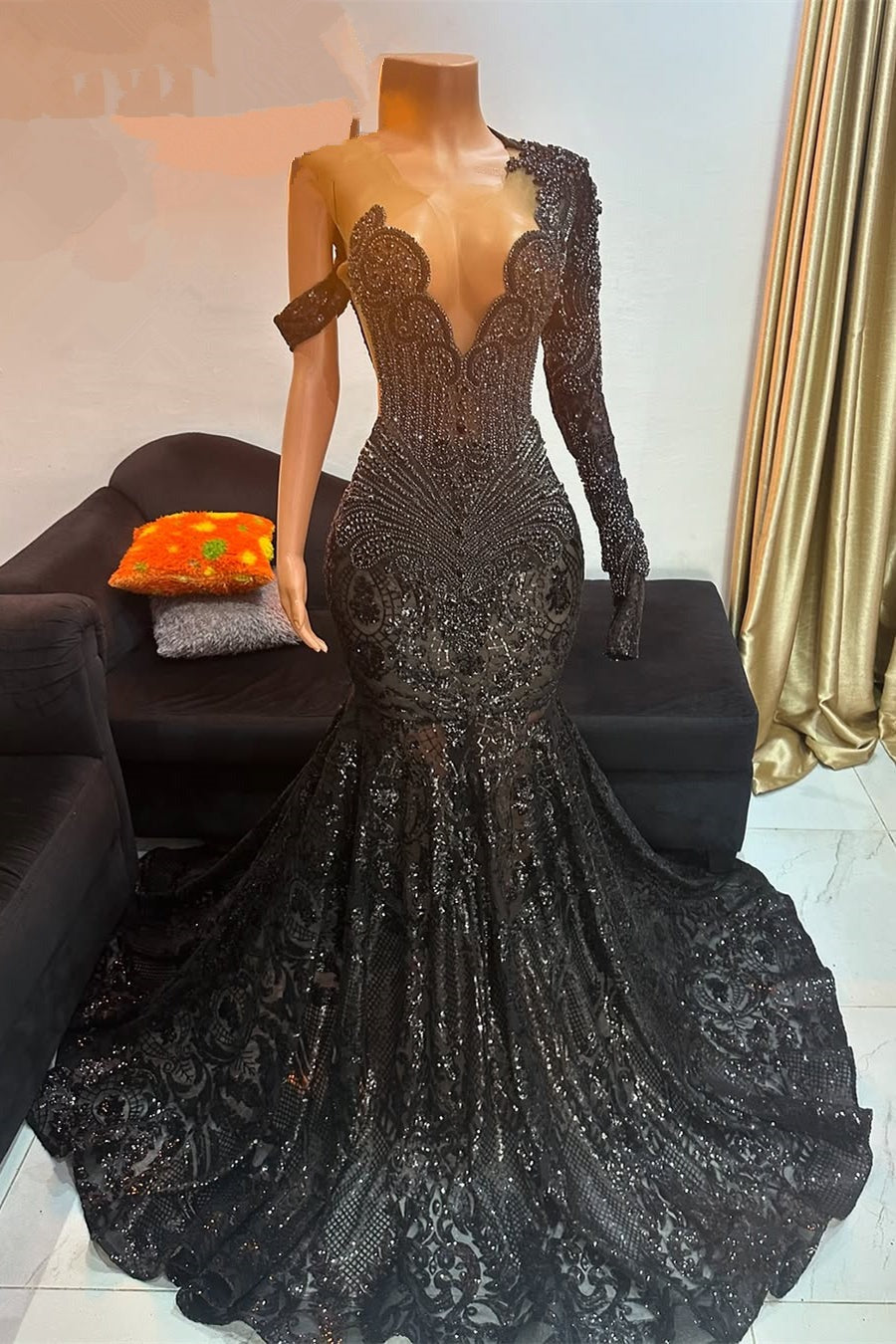 Unique Black Long Beaded Mermaid Court Train Prom Dresses with Sleeves-showprettydress