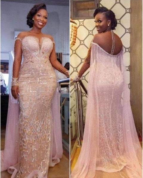 Unique Illusion neck Sparkle Beaded Mermaid Plus size Evening Dress-showprettydress