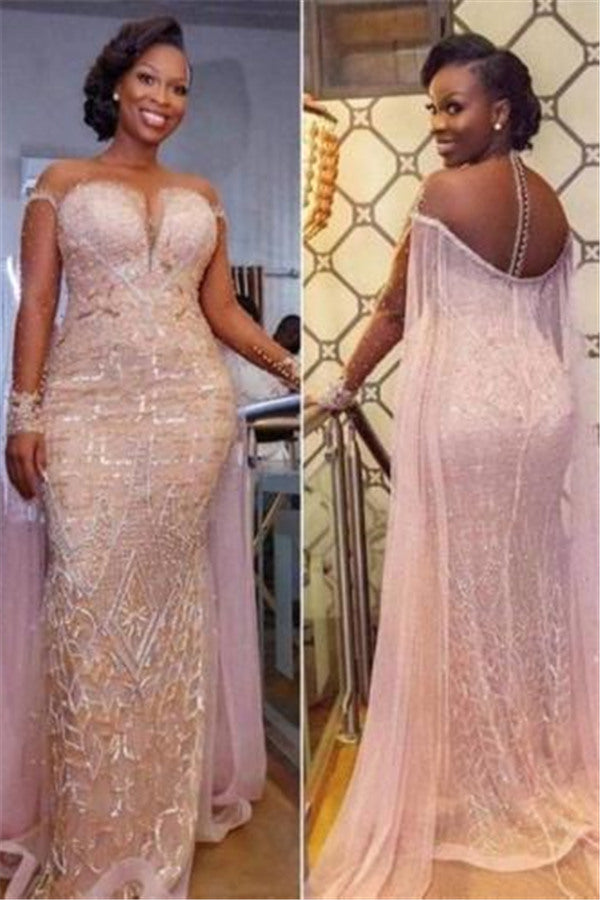 Unique Illusion neck Sparkle Beaded Mermaid Plus size Evening Dress-showprettydress