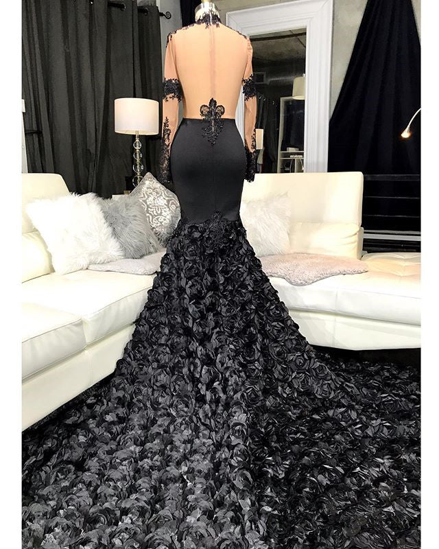 Unique Lace Appliques Flowers High Neck Prom Dresses Sheer Tulle Fit and Flare Evening Gowns-showprettydress