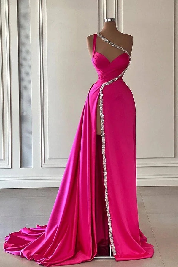 Unique Long Court Train Mermaid One shoulder Prom Dresses with High Split-showprettydress