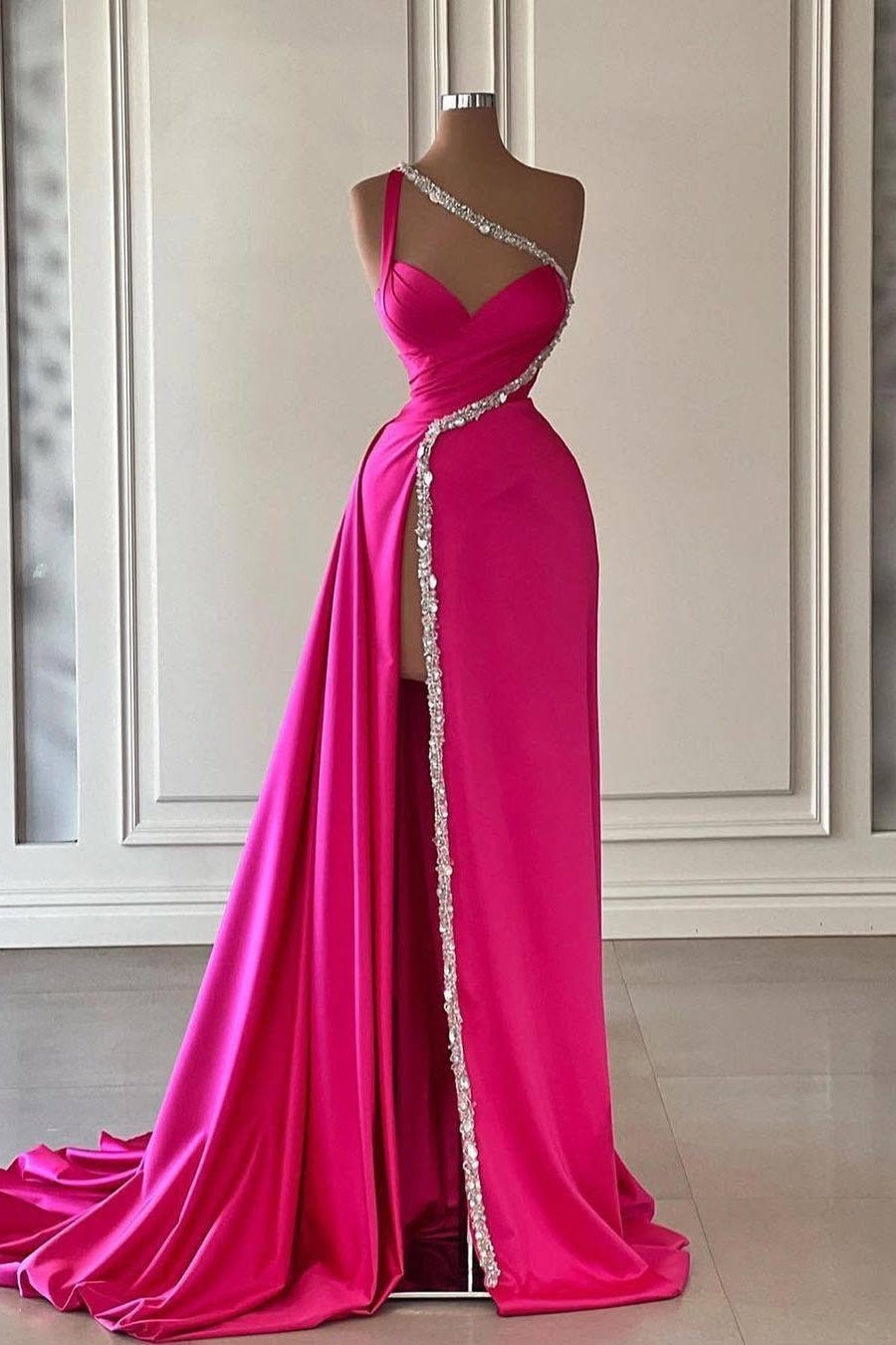 Unique Long Court Train Mermaid One shoulder Prom Dresses with High Split-showprettydress