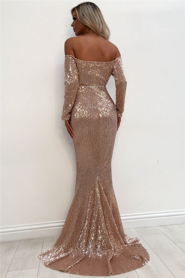 Unique Off-the-Shoulder Charming Sequins Wholesale Evening Dresses Elegant Long Sleeves Fit and Flare Prom Dresses On Sale-showprettydress
