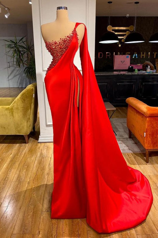 Unique Red Long Mermaid One Shoulder Satin Stones Evening Dress with Slit-showprettydress