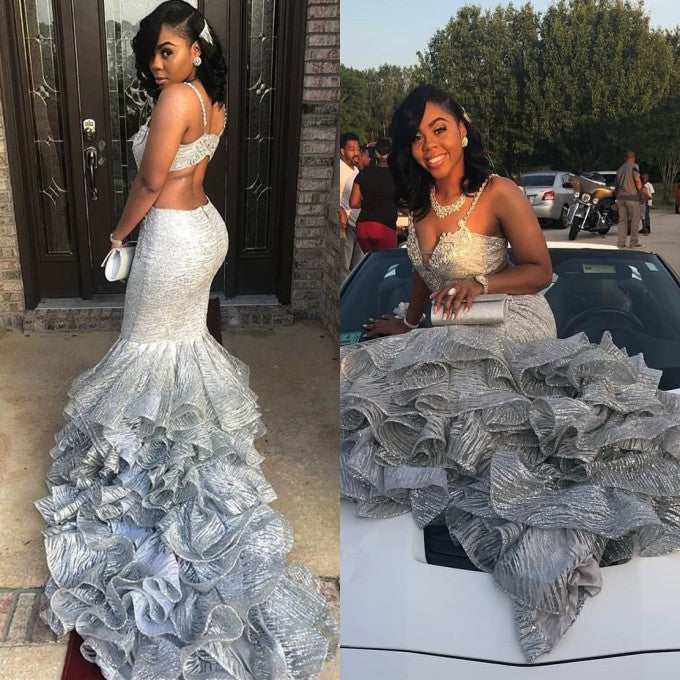 Unique Spaghetti Straps Sleeveless V-Neck Mermaid Prom Party Gowns-showprettydress