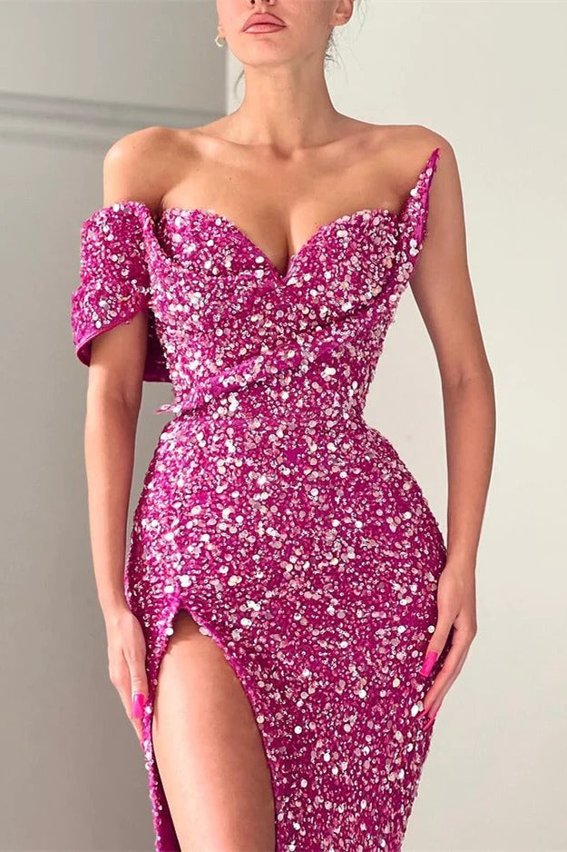 Unique Sparkle Long Mermaid One Shoulder Sweetheart Sequin Prom Dress with Slit-showprettydress