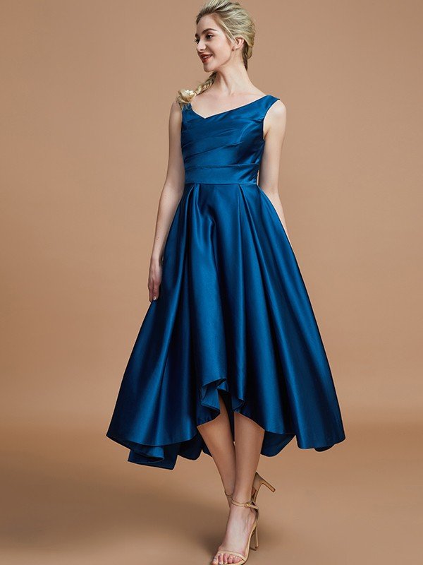 V-Neck Elegant Satin Asymmetrical Sleeveless Bridesmaid Dresses-Showprettydress