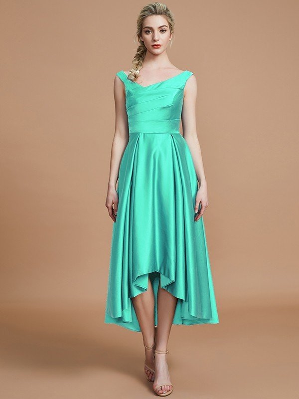 V-Neck Elegant Satin Asymmetrical Sleeveless Bridesmaid Dresses-Showprettydress