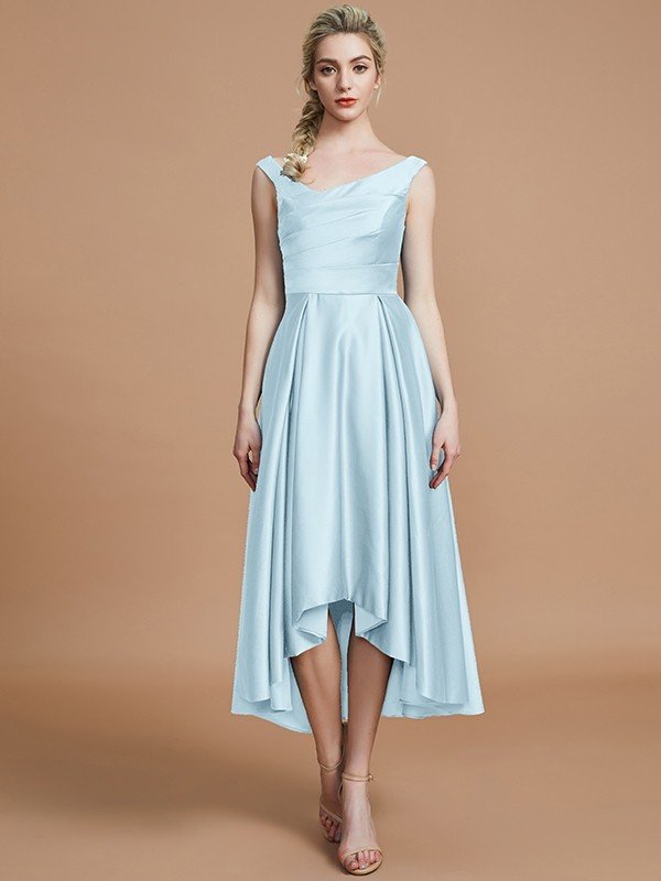 V-Neck Elegant Satin Asymmetrical Sleeveless Bridesmaid Dresses-Showprettydress
