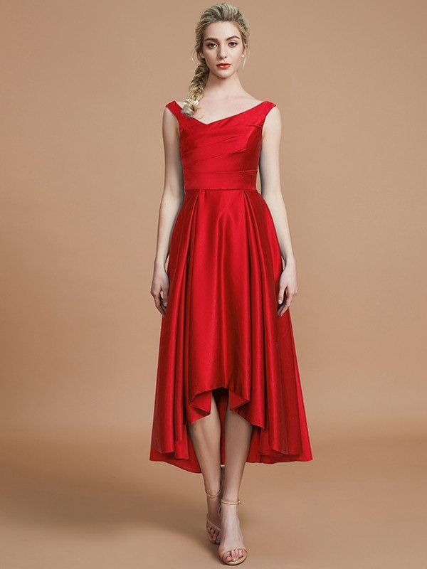 V-Neck Elegant Satin Asymmetrical Sleeveless Bridesmaid Dresses-Showprettydress