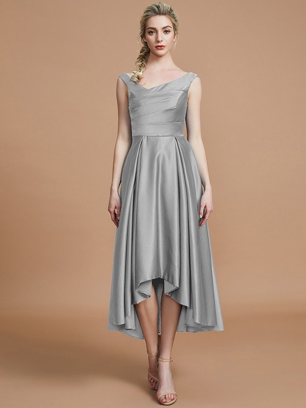 V-Neck Elegant Satin Asymmetrical Sleeveless Bridesmaid Dresses-Showprettydress
