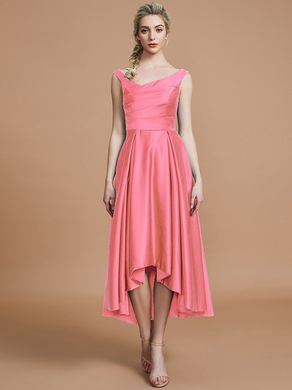 V-Neck Elegant Satin Asymmetrical Sleeveless Bridesmaid Dresses-Showprettydress