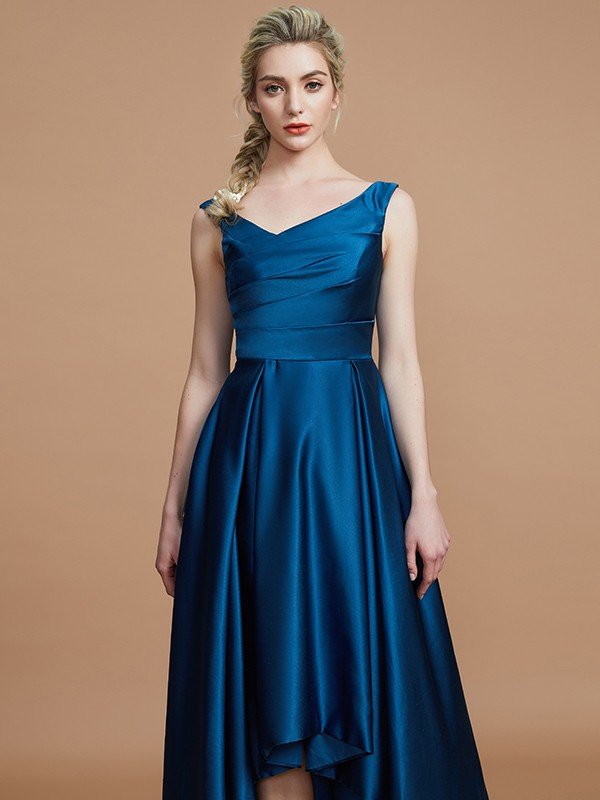 V-Neck Elegant Satin Asymmetrical Sleeveless Bridesmaid Dresses-Showprettydress