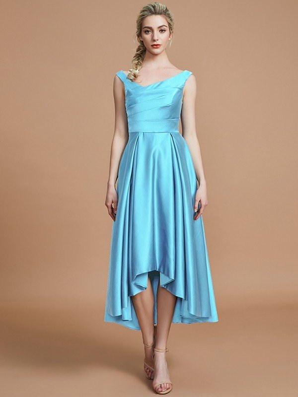 V-Neck Elegant Satin Asymmetrical Sleeveless Bridesmaid Dresses-Showprettydress