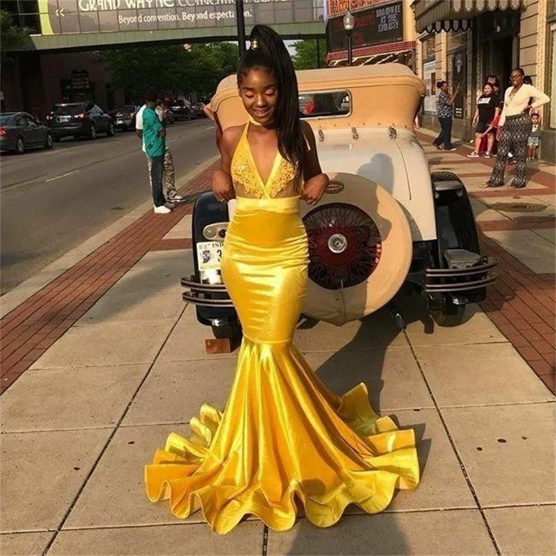 V-neck Halter Appliques Draped Yellow Mermaid Prom Dresses-showprettydress