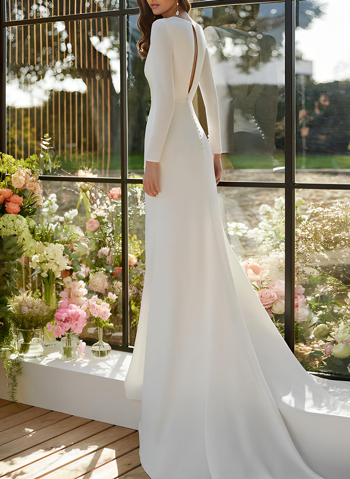 V-Neck Long Sleeves Court Train Elastic Satin Wedding Dresses Split Front-Showprettydress