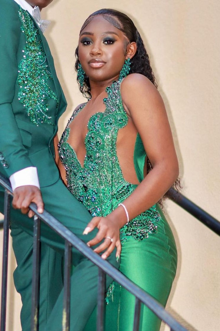 V-Neck Mermaid Sleeveless Beading Sweep Train Prom Dress-showprettydress