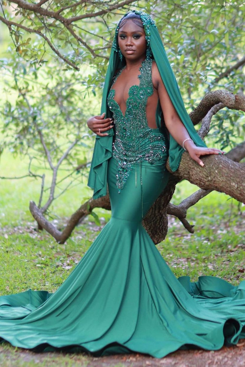 V-Neck Mermaid Sleeveless Beading Sweep Train Prom Dress-showprettydress