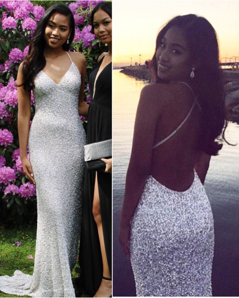 V-neck Sequined Mermaid Evening Dresses Halter Chic Party Gowns-showprettydress