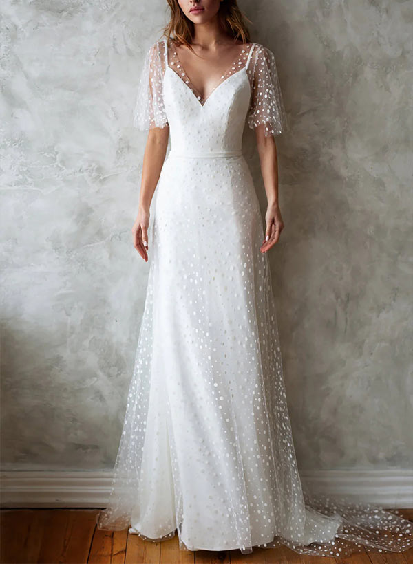 V-Neck Short Sleeves Lace Wedding Dress-Showprettydress