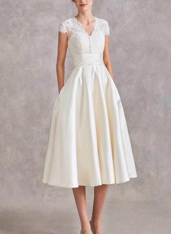 V-Neck Short Sleeves Tea-Length Satin Wedding Dresses Lace-Showprettydress