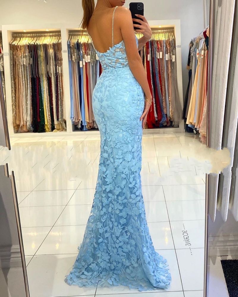 V-neck Sky Blue High Split Special Lace Design Evening Dress-showprettydress