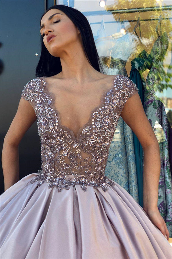 V-neck Sleeveless Crystal Beading Ball-Gown Prom Dresses-showprettydress