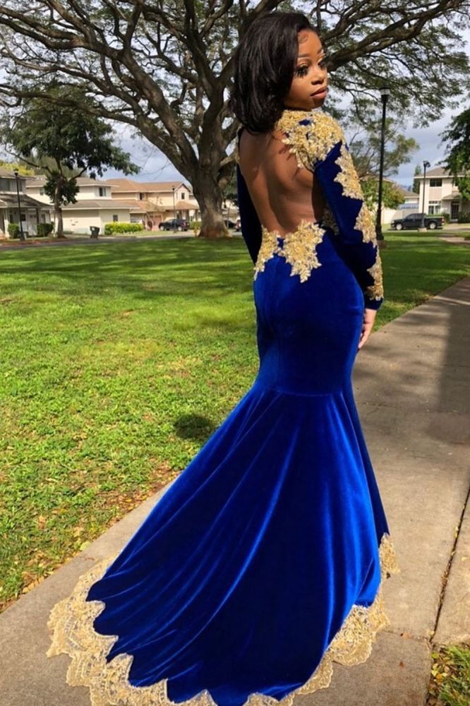 Velvet Long Sleeves Mermaid Front Split Gold Apliques Prom Party Gowns Royal Blue-showprettydress