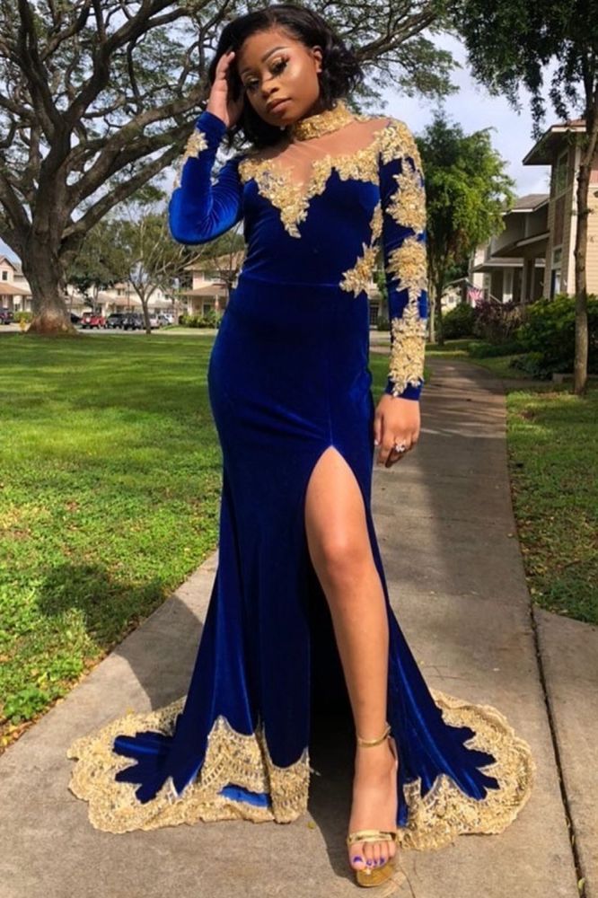 Velvet Long Sleeves Mermaid Front Split Gold Apliques Prom Party Gowns Royal Blue-showprettydress