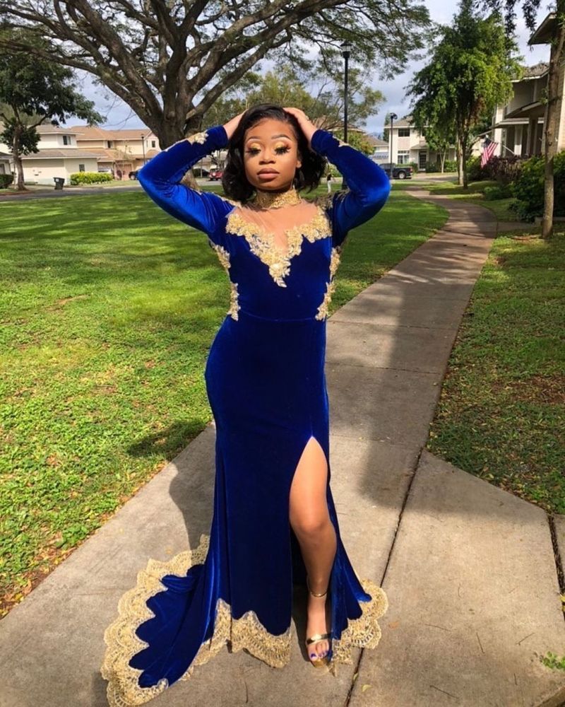 Velvet Long Sleeves Mermaid Front Split Gold Apliques Prom Party Gowns Royal Blue-showprettydress