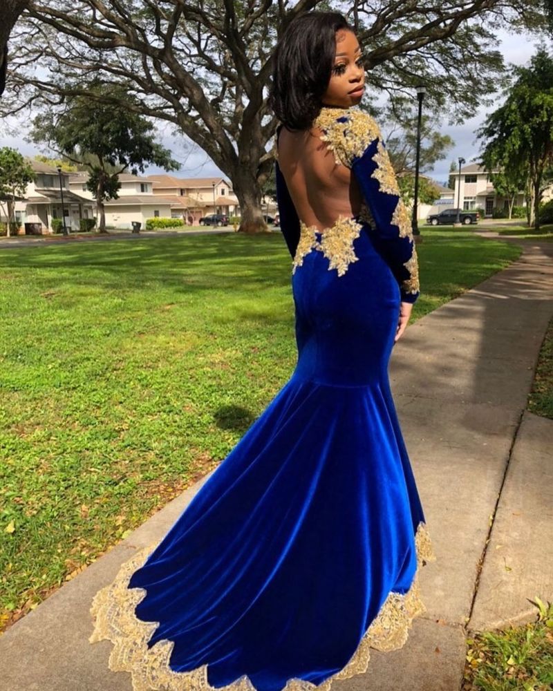 Velvet Long Sleeves Mermaid Front Split Gold Apliques Prom Party Gowns Royal Blue-showprettydress