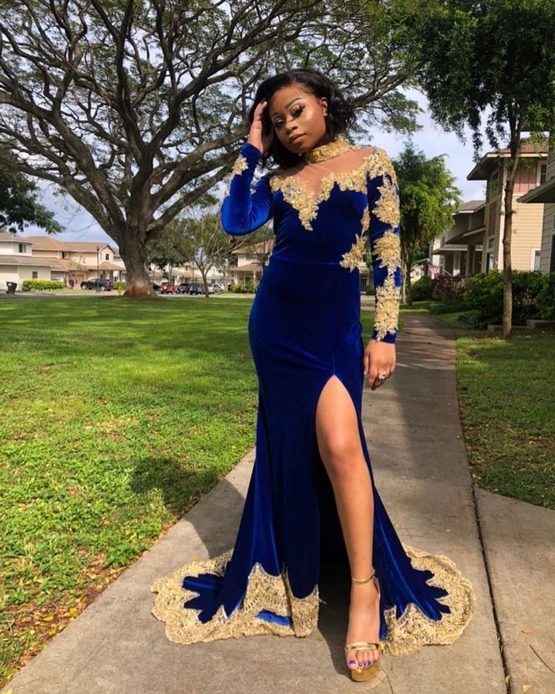Velvet Long Sleeves Mermaid Front Split Gold Apliques Prom Party Gowns Royal Blue-showprettydress