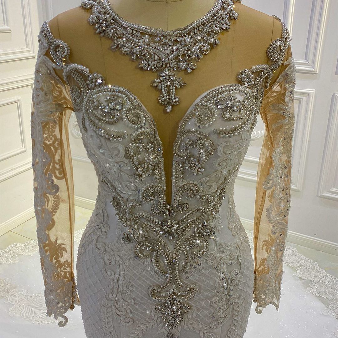 Vintage Long Sleeve Appliques Lace Beading Sequins Mermaid Wedding Dress-showprettydress