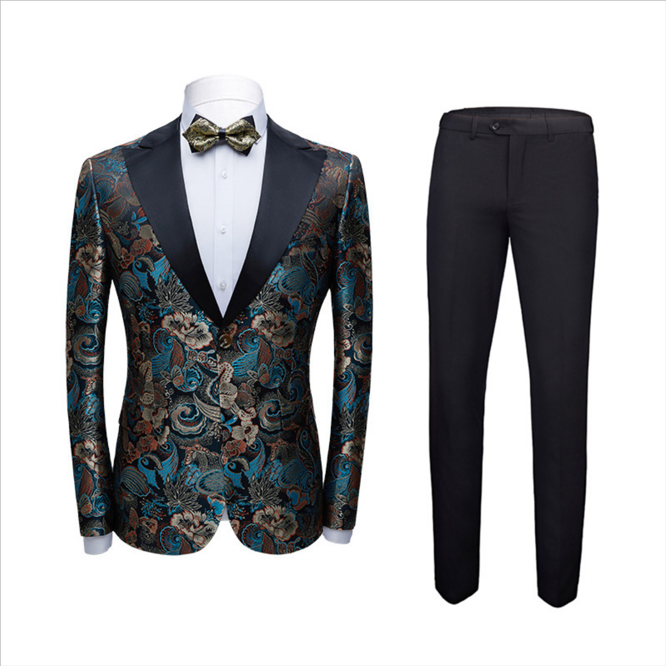 Vintage Multicolors Peak Lapel with Black Satin Wedding Tuxedos Jacquard Men Marriage Suits-showprettydress