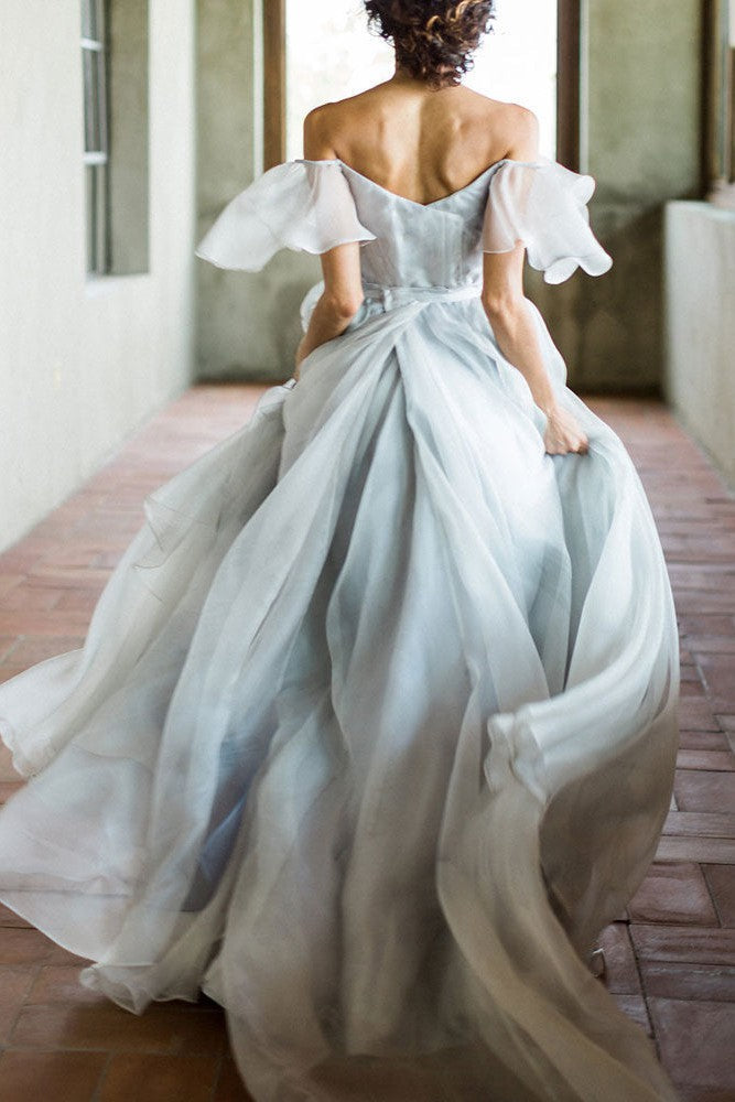 Wedding Dress A-line Off The Shoulder Sleeveless Pleated Court Train Chiffon Boho Bridal Gowns-showprettydress