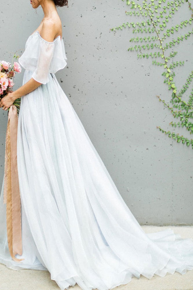 Wedding Dress A-line Off The Shoulder Sleeveless Pleated Court Train Chiffon Boho Bridal Gowns-showprettydress