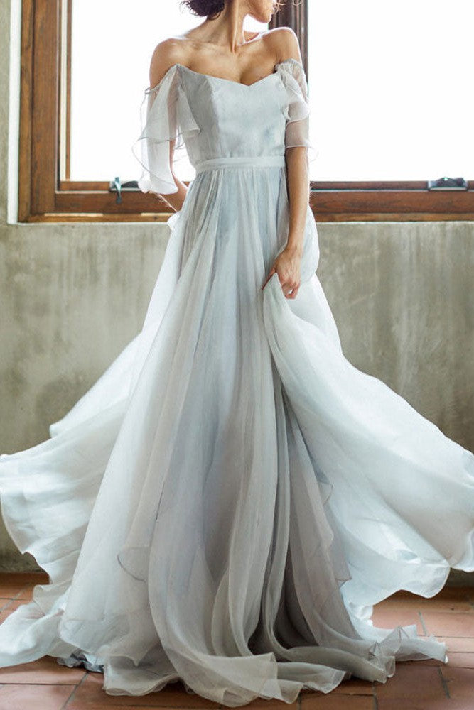 Wedding Dress A-line Off The Shoulder Sleeveless Pleated Court Train Chiffon Boho Bridal Gowns-showprettydress