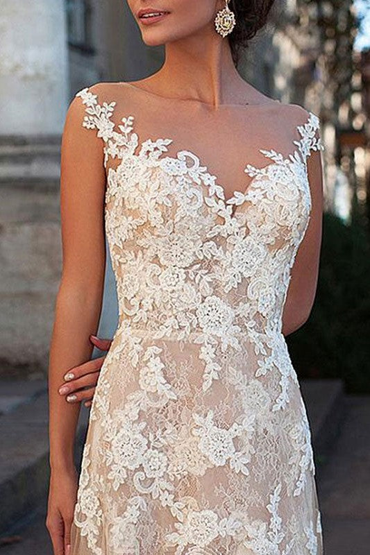 Wedding Dress Column Chic V-Neck Sleeveless Long Lace Tulle Sexy Backless Bridal Gown With Train-Showprettydress