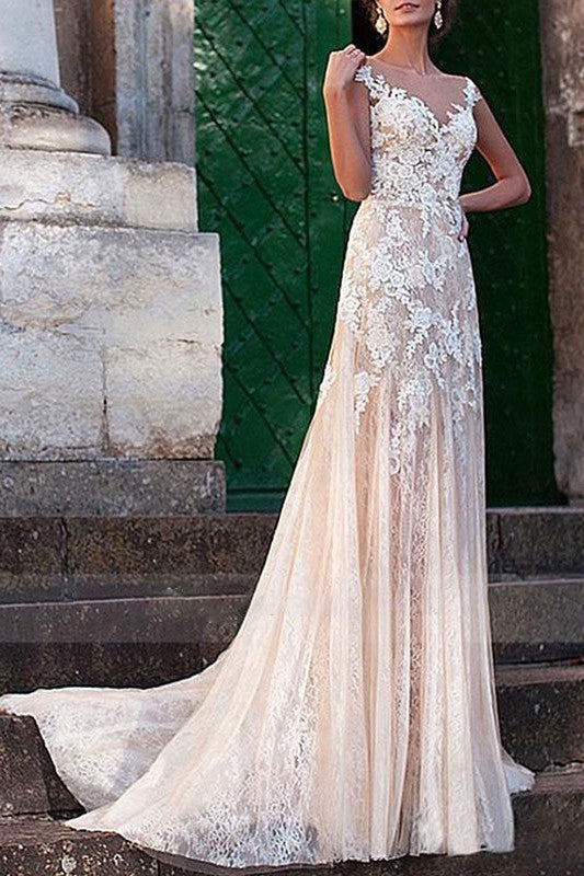 Wedding Dress Column Chic V-Neck Sleeveless Long Lace Tulle Sexy Backless Bridal Gown With Train-Showprettydress