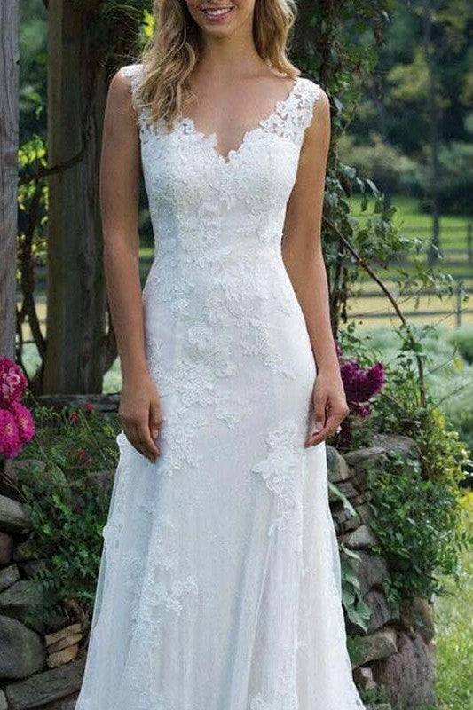 Wedding Dress Lace Chic V-Neck Sleeveless Column Long Bridal Gown With Court Train-Showprettydress