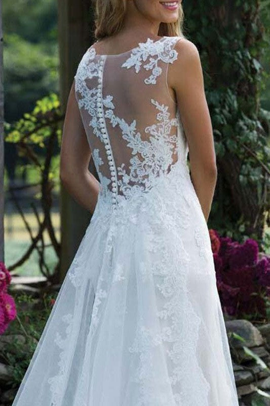 Wedding Dress Lace Chic V-Neck Sleeveless Column Long Bridal Gown With Court Train-Showprettydress