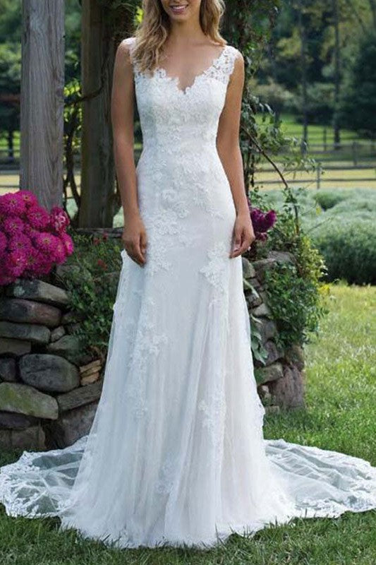 Wedding Dress Lace Chic V-Neck Sleeveless Column Long Bridal Gown With Court Train-Showprettydress