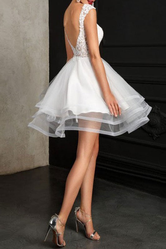 Wedding Dresses A-line Jewel Neck Sleeveless Tulle Short Bridal Dress-Showprettydress