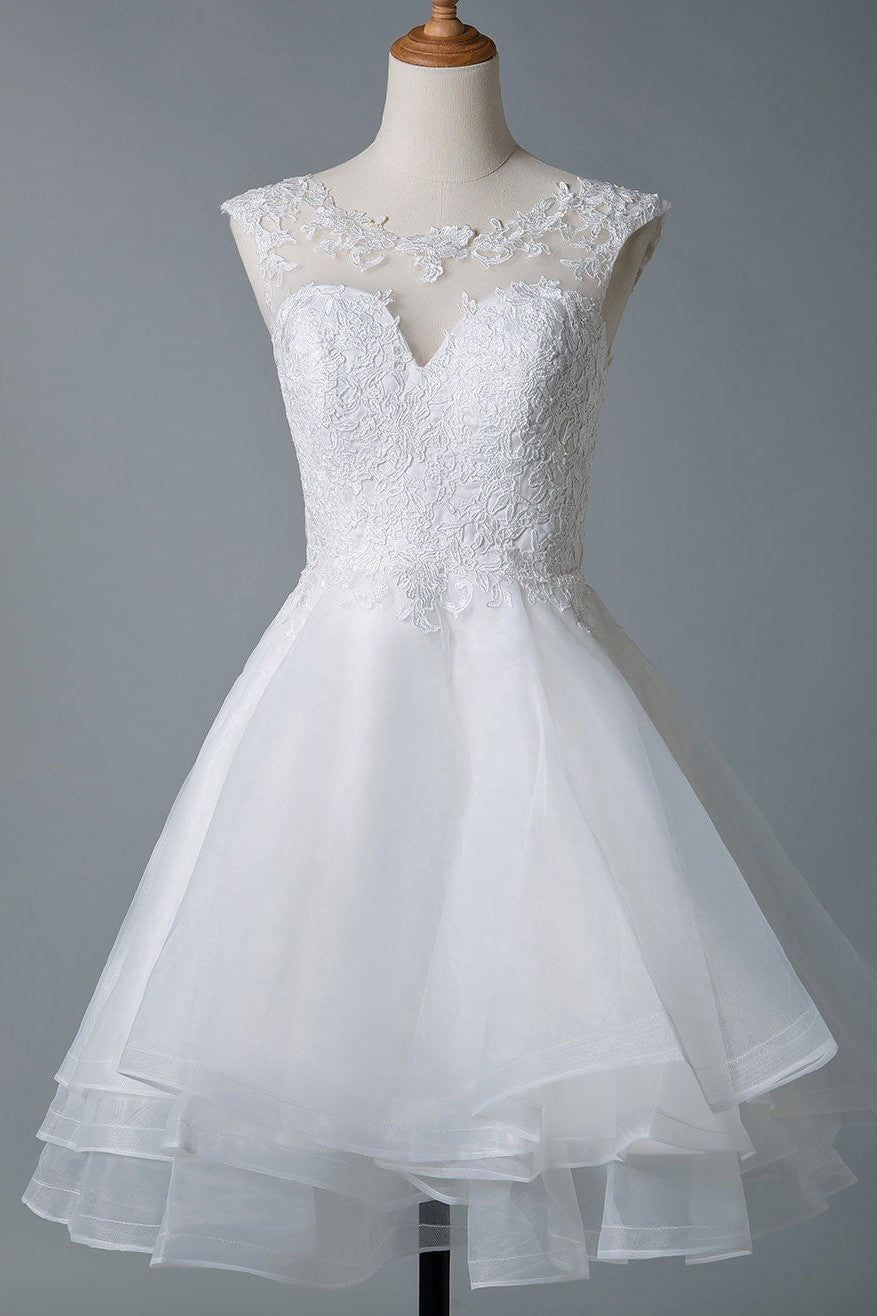 Wedding Dresses A-line Jewel Neck Sleeveless Tulle Short Bridal Dress-Showprettydress