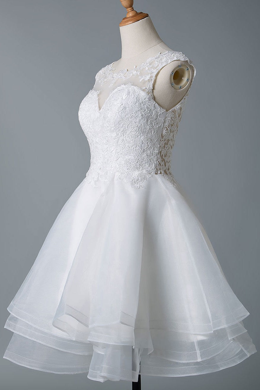 Wedding Dresses A-line Jewel Neck Sleeveless Tulle Short Bridal Dress-Showprettydress