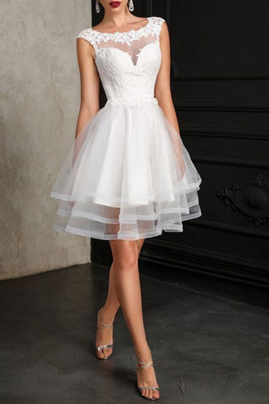 Wedding Dresses A-line Jewel Neck Sleeveless Tulle Short Bridal Dress-Showprettydress